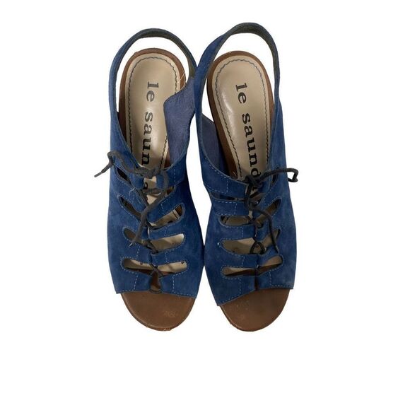 Le Saunda Blue Suede Lace Up Sandals Heels - Picture 4 of 9